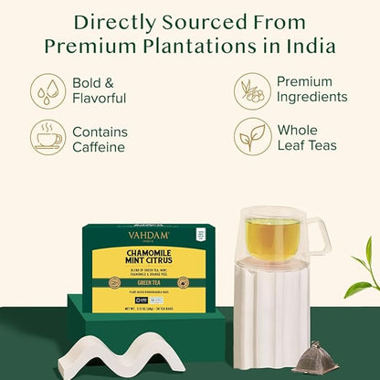 VAHDAM, Chamomile Mint Citrus Green Tea Bags (30 Count) Low Caffeine, Non GMO, Gluten Free | Sweet & Floral | Resealable Ziplock Pouch | Individually Wrapped Chamomile Tea Bags