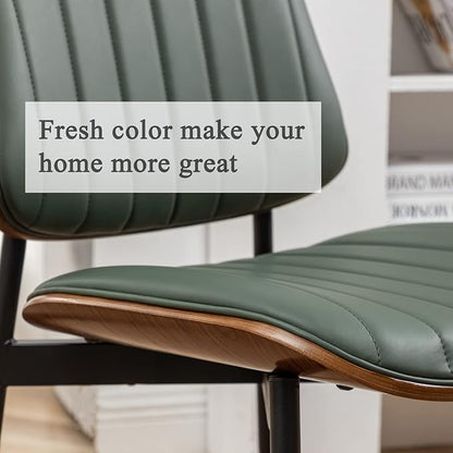 LUNLING Dining Chairs Set of 2 Mid Century Modern Retro Faux Leather Chair with Walnut Bentwood Upholstered Seat Metal Legs Chairs,Adjustable Foot for Kitchen Dining Room Chairs(Green)