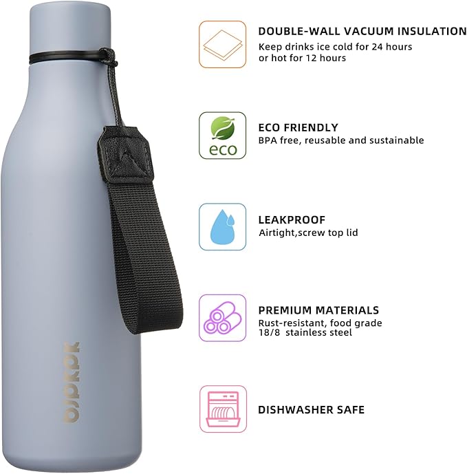 BJPKPK Insulated Water Bottles, 18 oz Stainless Steel Metal Water Bottle with Strap, BPA Free Leak Proof Jugs, Mugs, Flasks, Reusable Thermal Flasks for Sports & Travel, Mist Grey
