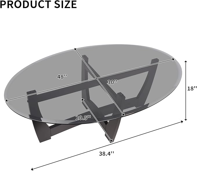 48" Oval Glass Coffee Table with Black Tempered Glass Top Cross and Solid Wood Base Simple & Modern Center Table for Living Room Office Apartment Black