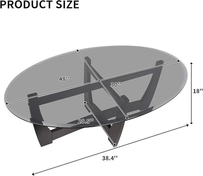 48" Oval Glass Coffee Table with Black Tempered Glass Top Cross and Solid Wood Base Simple & Modern Center Table for Living Room Office Apartment Black