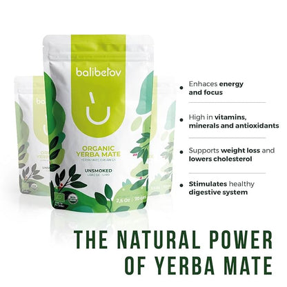 BALIBETOV Organic Yerba Mate Tea - Unsmoked Yerba Mate Pure Loose Leaf Tea (2.5 Oz / 70 grs Each (Pack of 6)