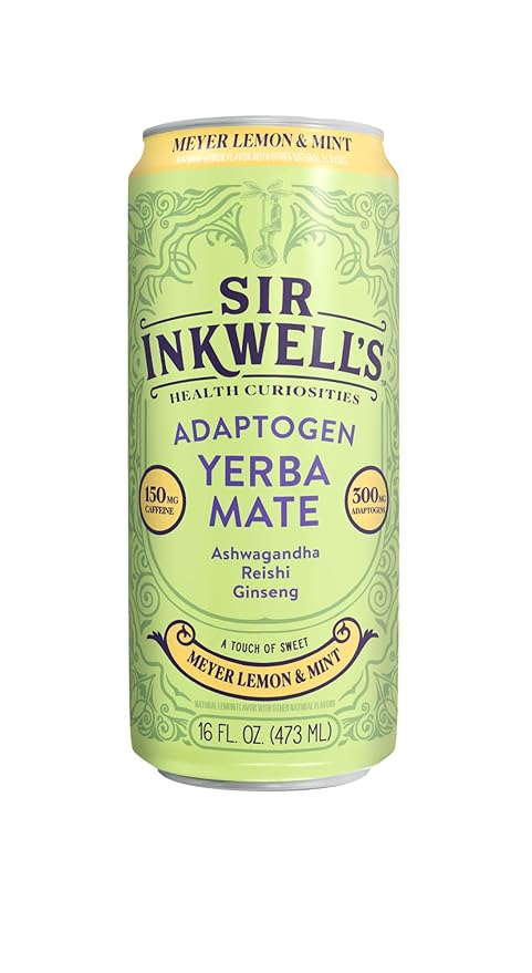 SIR INKWELL'S Adaptogen Yerba Mate Tea | Healthful Energy + Productivity 150 mg Organic Caffeine | 300mg Ashwagandha Reishi Ginseng | Non-GMO Certified | Meyer Lemon & Mint 16oz 12pk