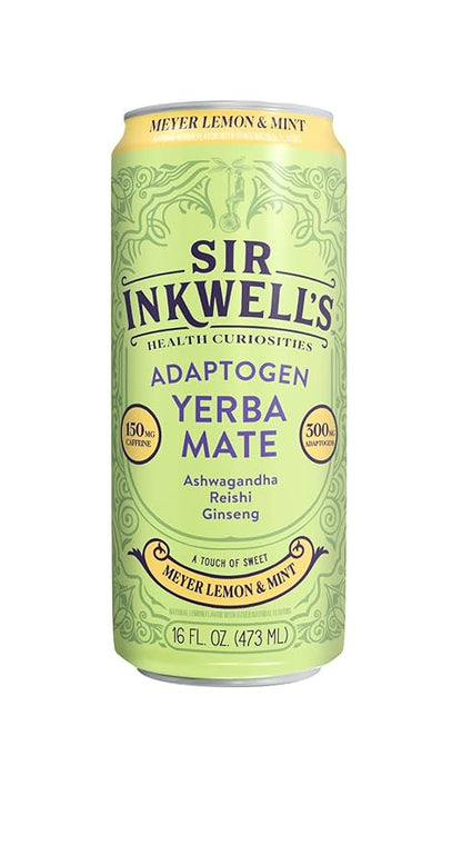 SIR INKWELL'S Adaptogen Yerba Mate Tea | Healthful Energy + Productivity 150 mg Organic Caffeine | 300mg Ashwagandha Reishi Ginseng | Non-GMO Certified | Meyer Lemon & Mint 16oz 12pk