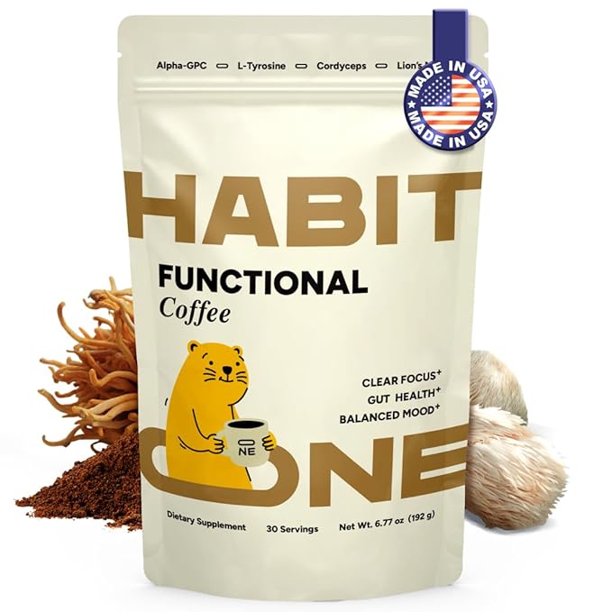 HabitONE Organic Mushroom Coffee Arabica – Lion’s Mane, Cordyceps, Reishi, Chaga – Alpha-GPC & L-Tyrosine, B12 & B3 – Better Energy, Focus, Digestion & Immunity – Made in USA – 30 Servings - Unroasted Coffee Beans