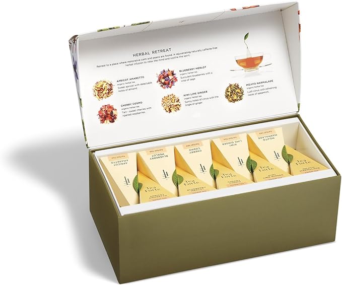 Tea Forte Herbal Retreat Premium Tea Presentation Box Tea Gift Sampler, 20 Count, 2 of Each Variety Individually Wrapped Handcrafted Pyramid Infuser Bags