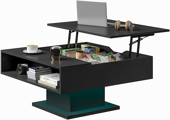 30.7" Lift Top Coffee Table with Storage, Square Black Led Coffee Table with Large Hidden Storage, Wood Living Room Table Led Center Table for Dining Reception Room
