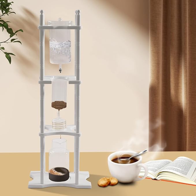 Ice Drip Coffee Maker, 2.5L Iced Coffee Maker Drip Tea Maker Tower Wooden Stand Glass Dripper Machine Cold Brew for Making Delicious Cold, Extracted Coffee at Home, Coffee Shops