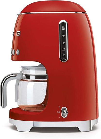 Smeg 50's Retro Style Aesthetic Drip Coffee Machine with 10 Cup Glass Carafe, Auto Start Feature, Keep Warm Plate, and Two Coffee Strength Settings (Red)