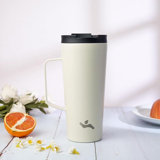 Insulated Tumbler with Handle and Straw, 18 OZ Travel Coffee Mug Stainless Steel Cup Metal Water Bottle,Angel White