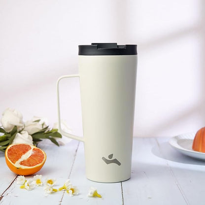 Insulated Tumbler with Handle and Straw, 18 OZ Travel Coffee Mug Stainless Steel Cup Metal Water Bottle,Angel White