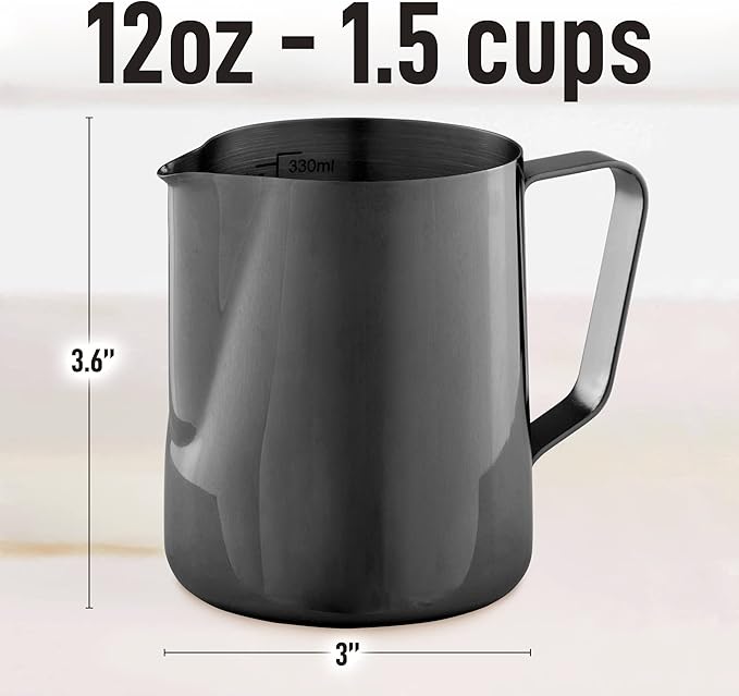 Zulay Milk Frother Cup 350ml/600ml/950ml (12oz/20oz/32oz) - Stainless Steel Frothing Pitcher With Laser-Welded Handle & Precise Measurement Markings - Black - 12oz