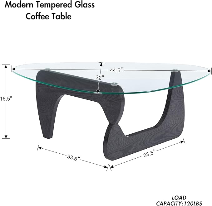 Modern Noguchi Coffee Table, Triangle Coffee Table with Tempered Glass Modern Vintage Glass Tea Table Wood Glass Accent Center Table for Living Room, 44.5”x32”x16.5”, Black Transparent