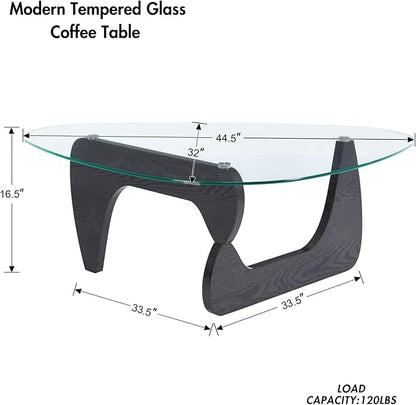 Modern Noguchi Coffee Table, Triangle Coffee Table with Tempered Glass Modern Vintage Glass Tea Table Wood Glass Accent Center Table for Living Room, 44.5”x32”x16.5”, Black Transparent