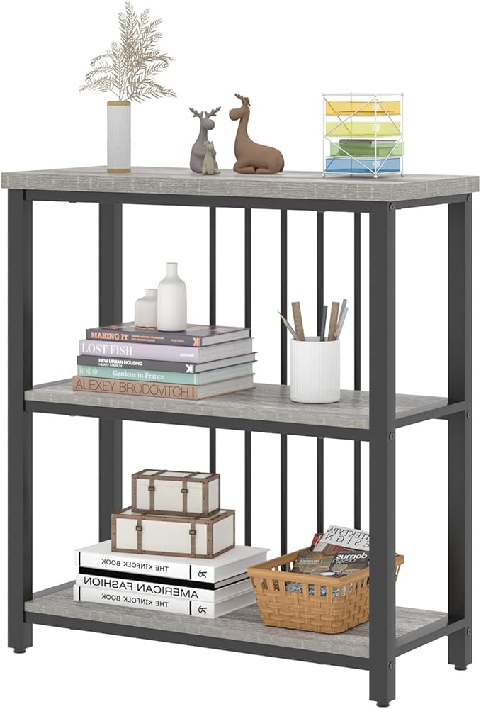 FOLUBAN 3 Tier Bookshelf, Short Bookcase for Small Space, Modern Wooden and Metal Book Shelf for Living Room Bedroom Office (Light Grey Oak)