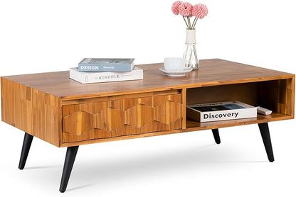 Bme Georgina Solid Wood Coffee Tables for Living Room, Coffee Table Mid Century Modern with 2 Symmetrical Storage Drawers & Geometric Details, Fully Assembled Center Table, Teak Brown