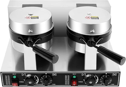 Commercial Waffle Maker, Double Head Waffle Maker Machine Belgian Round Waffle Iron Non-Stick Rotary Heating Pancake Machine with Temp & Time Control for Kitchen Restaurant (Stye 2)