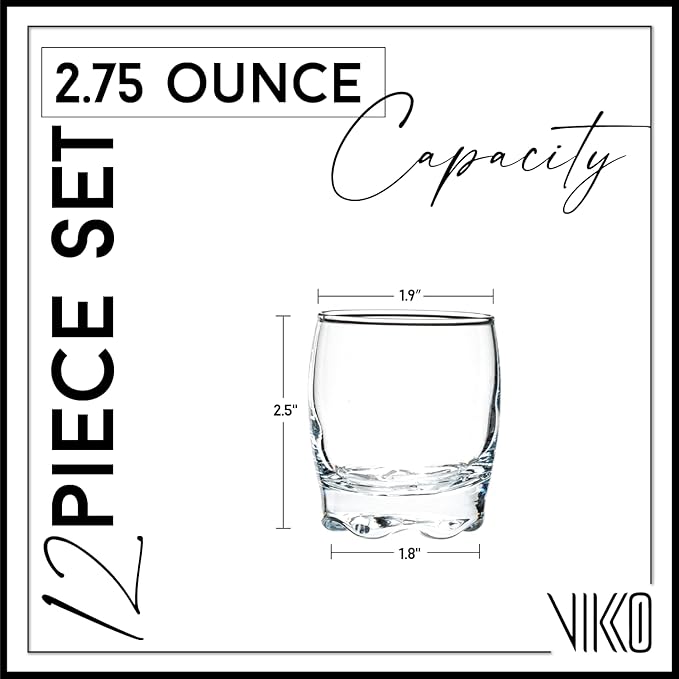 Vikko 2.75 Ounce Shot Glasses, Set of 12 Small Liquor and Spirit Glasses, Durable Tequila Bar Glasses For Alcohol and Espresso Shots, 12 Piece Shooter Glass Set