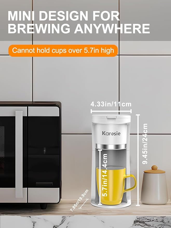 Slim Single Serve Coffee Maker, Fast Brew for K-Cup & Ground Coffee Small One Cup Coffee Maker, 6-12 Oz Brew Sizes, Coffee Machine with Descaling Reminder and Water Window,White