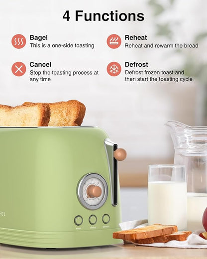 CROWNFUL 2-Slice Toaster, Extra Wide Slots Toaster, Retro Stainless Steel with Bagel, Cancel, Defrost, Reheat Function and 6-Shade Settings, Removal Crumb Tray, Green