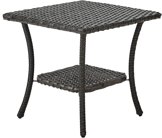 HUMMUH Outdoor End Table,Patio Wicker Small Side Table, PE Rattan Coffee Table with 2-Tier Storage Shelf for Bistro Set Conversation Sets Grey