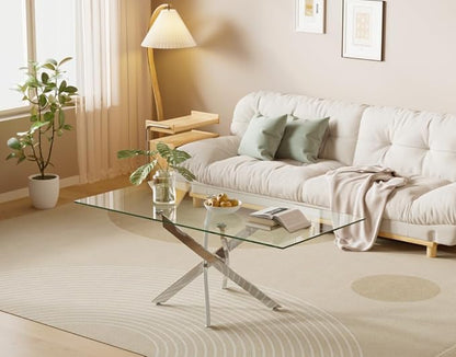 Tempered Glass Coffee Table with Chromed Legs, Rectangle Modern Living Room Table for Home Office Living Room (Sliver, 47.3”x23.6”x18”)
