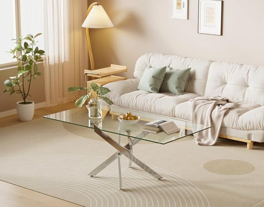Tempered Glass Coffee Table with Chromed Legs, Rectangle Modern Living Room Table for Home Office Living Room (Sliver, 47.3”x23.6”x18”)