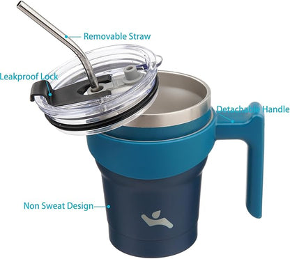 10 oz Tumbler with Handle and 2 Straw 2 Lid, Insulated Water Bottle Stainless Steel Vacuum Cup Reusable Travel Mug,Indigo Black