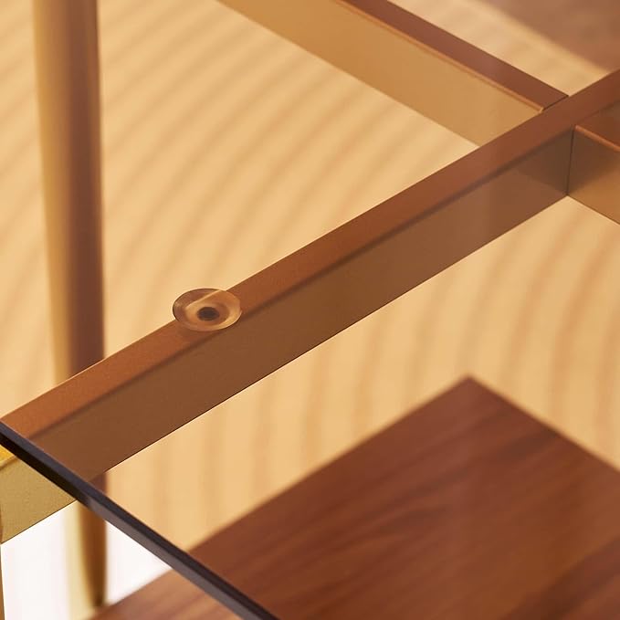 Glass End Table, Mid-Century Modern Design Sofa Table, L41 x W21 x H17, for Living Room, 2-Tier Structure, Clear Glass Top and Walnut MDF Shelf, Sleek Conical Metal Legs with Gold Finish Frame