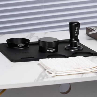 IKAPE 51MM Espresso Tamper Kit Black 6 IN 1, Espresso Accessories Kit Featuring Coffee Tamper, Distributor, Magnetic Dosing Funnel, Silicone Mat, Puck Screen, Cleaning Towel