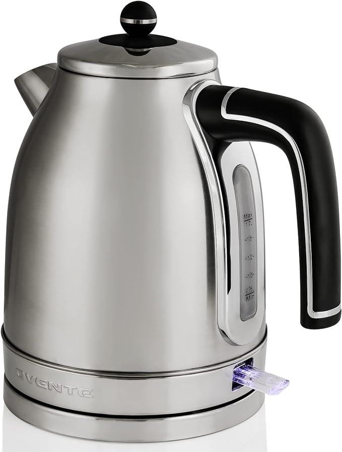 OVENTE 1.7L Electric Kettle, 1500W Fast Boiling Water Heater for Coffee or Tea with Stainless Steel BPA-Free and Cordless Body, Auto Shut-Off, Boil-Dry Protection and Removable Filter, Silver KS777S