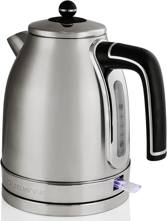 OVENTE 1.7L Electric Kettle, 1500W Fast Boiling Water Heater for Coffee or Tea with Stainless Steel BPA-Free and Cordless Body, Auto Shut-Off, Boil-Dry Protection and Removable Filter, Silver KS777S