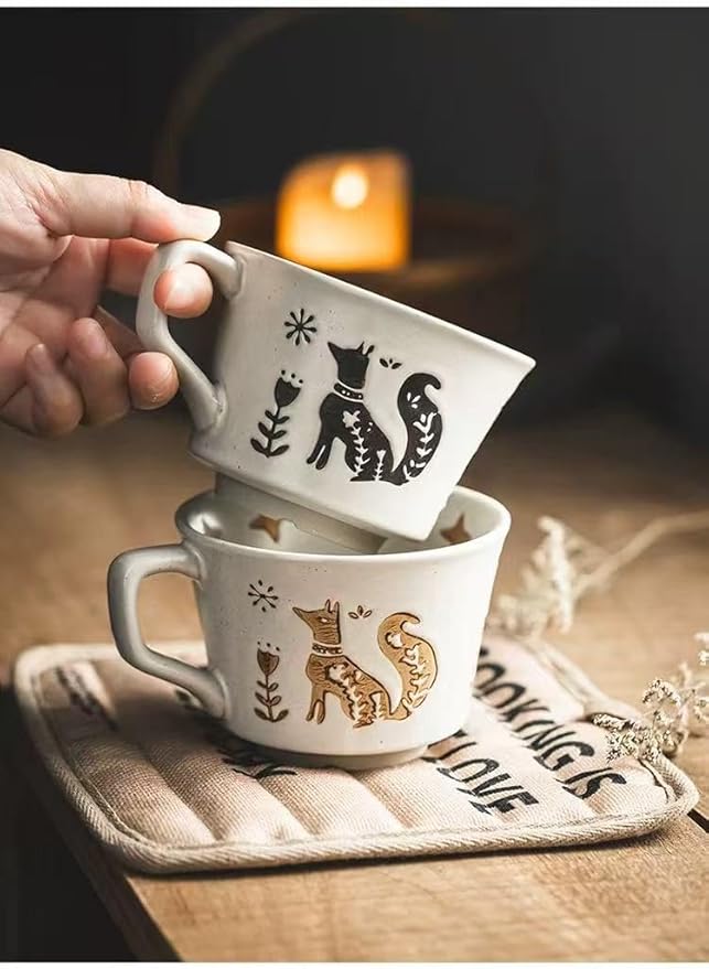 Ceramic Coffee Mug, 12 oz Mug Black Fox Set of 1, Novelty Cup with Handle, Stoneware Fun Cup for Coffee Milk Tea Mocha Latte Cappuccino Espresso Adorable Fox, Microwave Dishwasher Safe