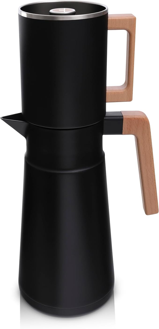 HASTINGS 68 Oz Pour Over Coffee Maker Set with Double Layer Reusable Stainless Steel Filter 8-Cup and Wood Handle - Dual Wall Heat Resistant Drip Coffee Brewer, Pour Over Coffee Dripper Carafe, Black