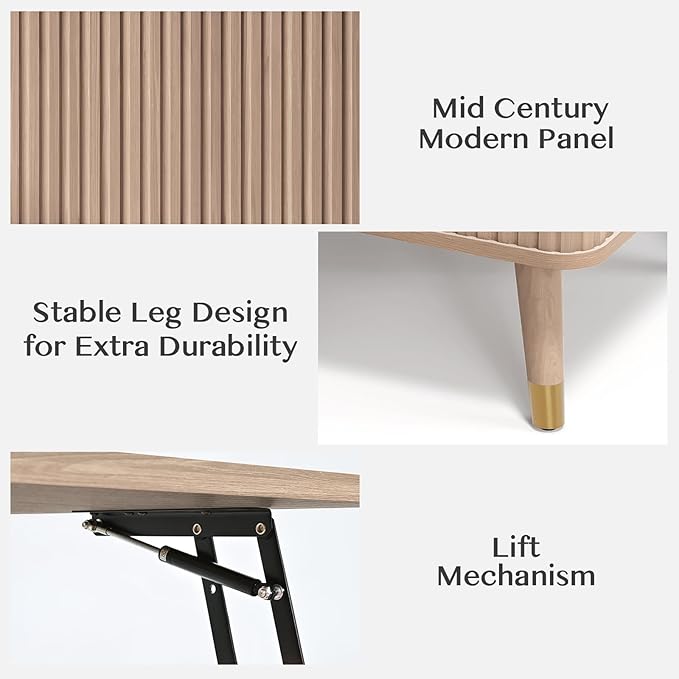 Lift Top Coffee Table, Mid Century Modern Coffee Table with Hidden Compartment, Fluted Lift Tabletop Center Table for Living Room, Home Office, Oak