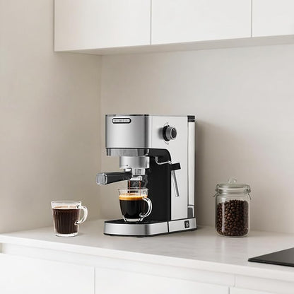 VEGETA Espresso Machine with Milk Frother, Small Coffee Maker 20 Bar with 40oz Removable Water Tank, Stainless Steel Coffee Machine for Cappuccino & Latte, Silver
