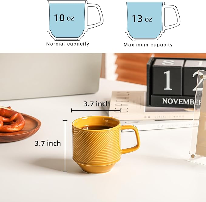 Stackable Coffee Mugs Set: 13 oz Ceramic Stacking Cups for Cappuccino Latte Tea - Microwave Safe Mug for Home & Office - 4 PCS, Mustard Yellow