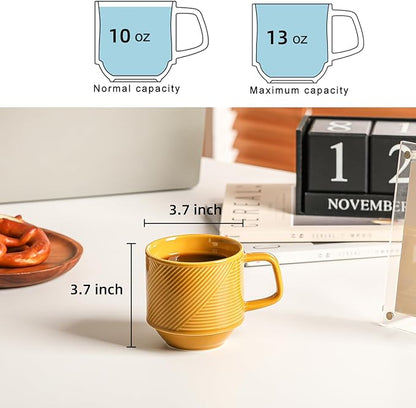Stackable Coffee Mugs Set: 13 oz Ceramic Stacking Cups for Cappuccino Latte Tea - Microwave Safe Mug for Home & Office - 4 PCS, Mustard Yellow