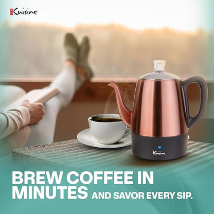 Euro Cuisine PER04 Stainless Steel Electric Coffee Percolator, 4 Cup, Polished Copper Finish, Dripless Gooseneck Spout, Clear Glass Knob, Brewing Indication, Keep-Warm Function, Detachable Cord