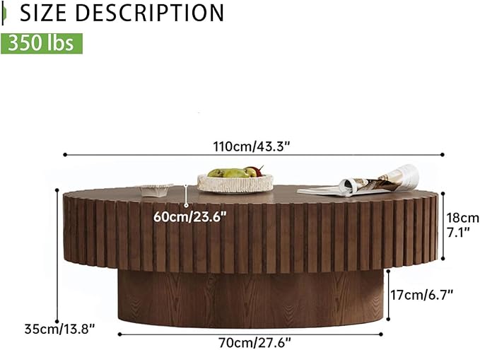 Handmade Wood Oval Coffee Table - Contemporary Style for Living Room, Pedestal Design & Easy Assembly (Walnut)