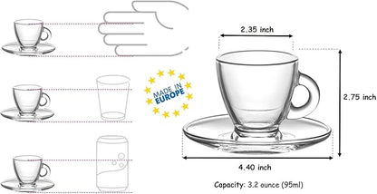 BOHEM'S Espresso Cups, 3.2 oz Small Demitasse Clear Glass Espresso Drinkware, Set Of Cups, Saucers and Stainless Steel mini Spoons + Free Glass Spoons (set of 4)
