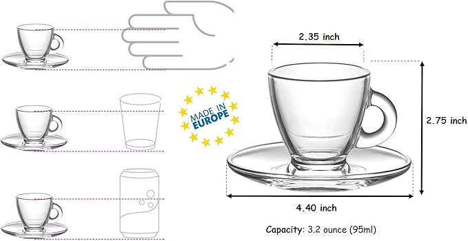 BOHEM'S Espresso Cups, 3.2 oz Small Demitasse Clear Glass Espresso Drinkware, Set Of 6, Cups and Saucers, Espresso Shot Glasses, Clear Expresso Coffee Cups, Tazas de Cafe Expreso