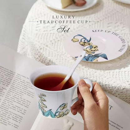 Tea Cup Set With 2 Tea Cups 2 Saucers And 2 Spoon 7 OZ Espresso Coffee Mug Vintage Creativetea Teacup And Saucer Set For Coffee,Tea,Latte, Cappuccino