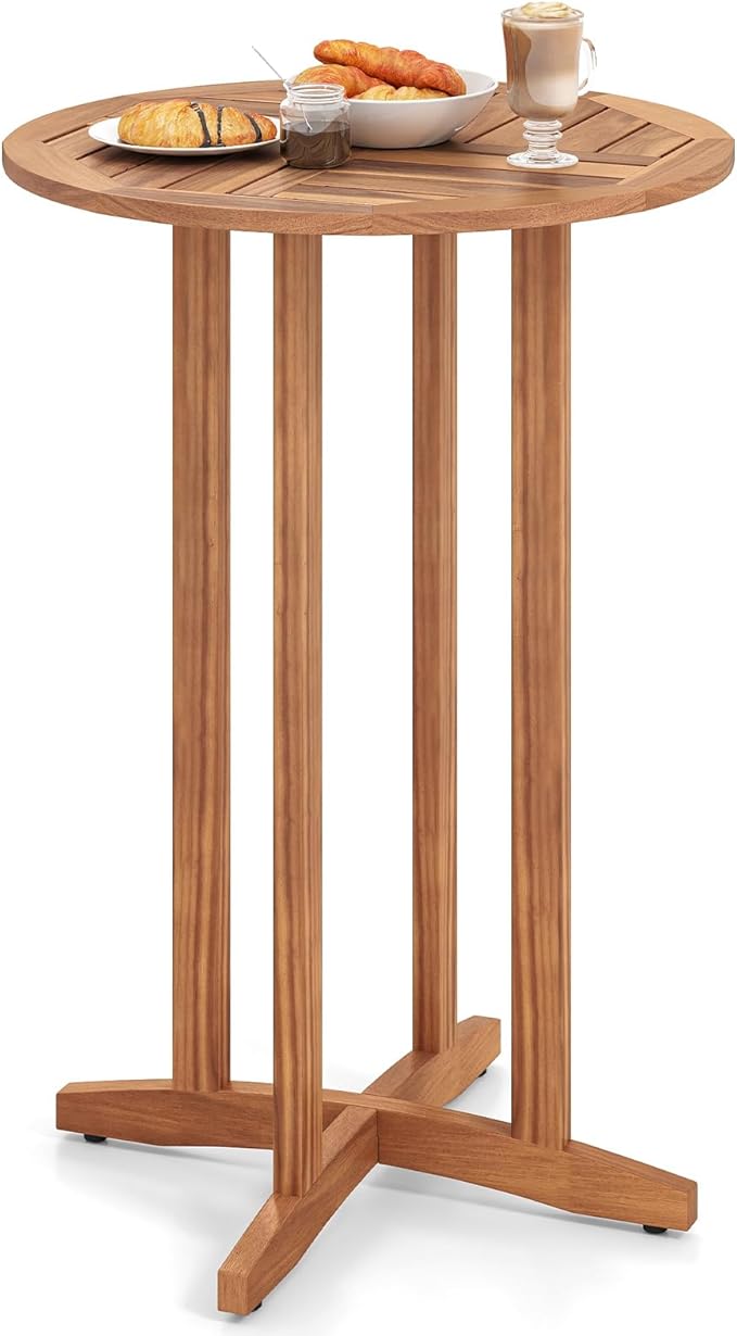 Tangkula Outdoor Acacia Wood Bar Table, 39" Patio Bar Height Round Table with Slatted Tabletop, High Top Bistro Dining Table, Pub Height Round Table for Garden, Deck, Porch and Yard