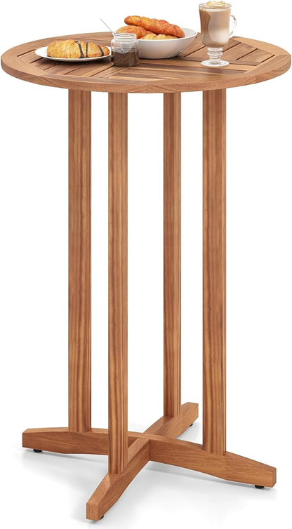 Tangkula Outdoor Acacia Wood Bar Table, 39" Patio Bar Height Round Table with Slatted Tabletop, High Top Bistro Dining Table, Pub Height Round Table for Garden, Deck, Porch and Yard