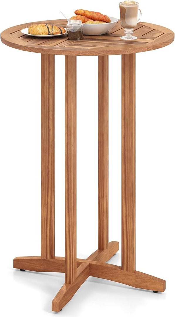 Tangkula Outdoor Acacia Wood Bar Table, 39" Patio Bar Height Round Table with Slatted Tabletop, High Top Bistro Dining Table, Pub Height Round Table for Garden, Deck, Porch and Yard