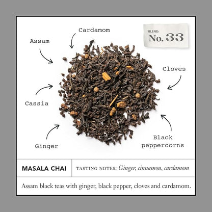 Steven Smith Teamaker Masala Chai No. 33, Caffeinated, Sugar-Free, Spiced, Full Leaf Black Assam Tea Blend, Tea Bags 15 Sachets, 1.8oz each
