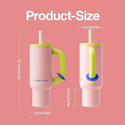 BaWang Insulated Stainless Steel Tumbler | Tumbler with Handle and Straw 33oz | Cup Holder Friendly for Travel | Leakproof Water Bottle | BPA-Free | 316 stainless steel liner| pink＆green