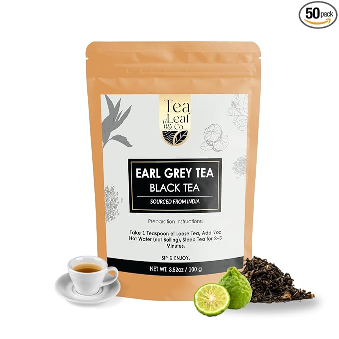 Tealeaf & Co. Earl Grey Black Tea Blended with Bergamot Extract (Loose Leaf Form) - Premium Sweet & Sour Flavored Tea - Contains Low Caffeine - Upto 50 Servings (3.52oz/100gm)