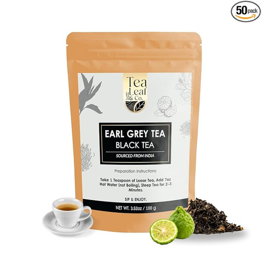 Tealeaf & Co. Earl Grey Black Tea Blended with Bergamot Extract (Loose Leaf Form) - Premium Sweet & Sour Flavored Tea - Contains Low Caffeine - Upto 50 Servings (3.52oz/100gm)